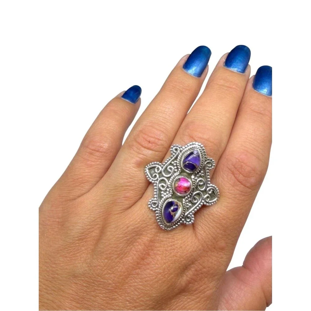 Kingman Pink Purple Dahlia Turquoise Ring Size 7 Solid 925 Sterling Silver